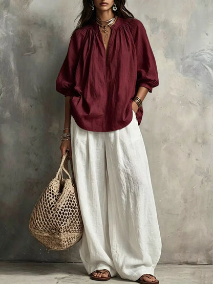 Notched Blouse and Wide-Leg Pants Set