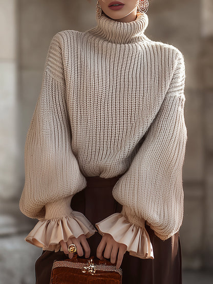 Cream Knit Turtleneck Sweater With Ruffled Cuffs Cream