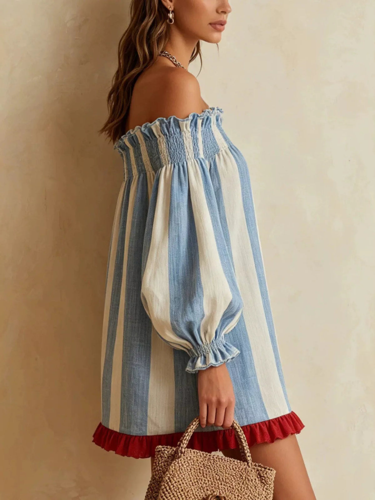 Off-Shoulder Striped Ruffle Hem Mini Dress
