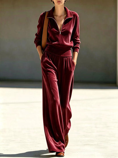 Full Size Quarter-Zip Top and Wide-Leg Pants Set Plus Size