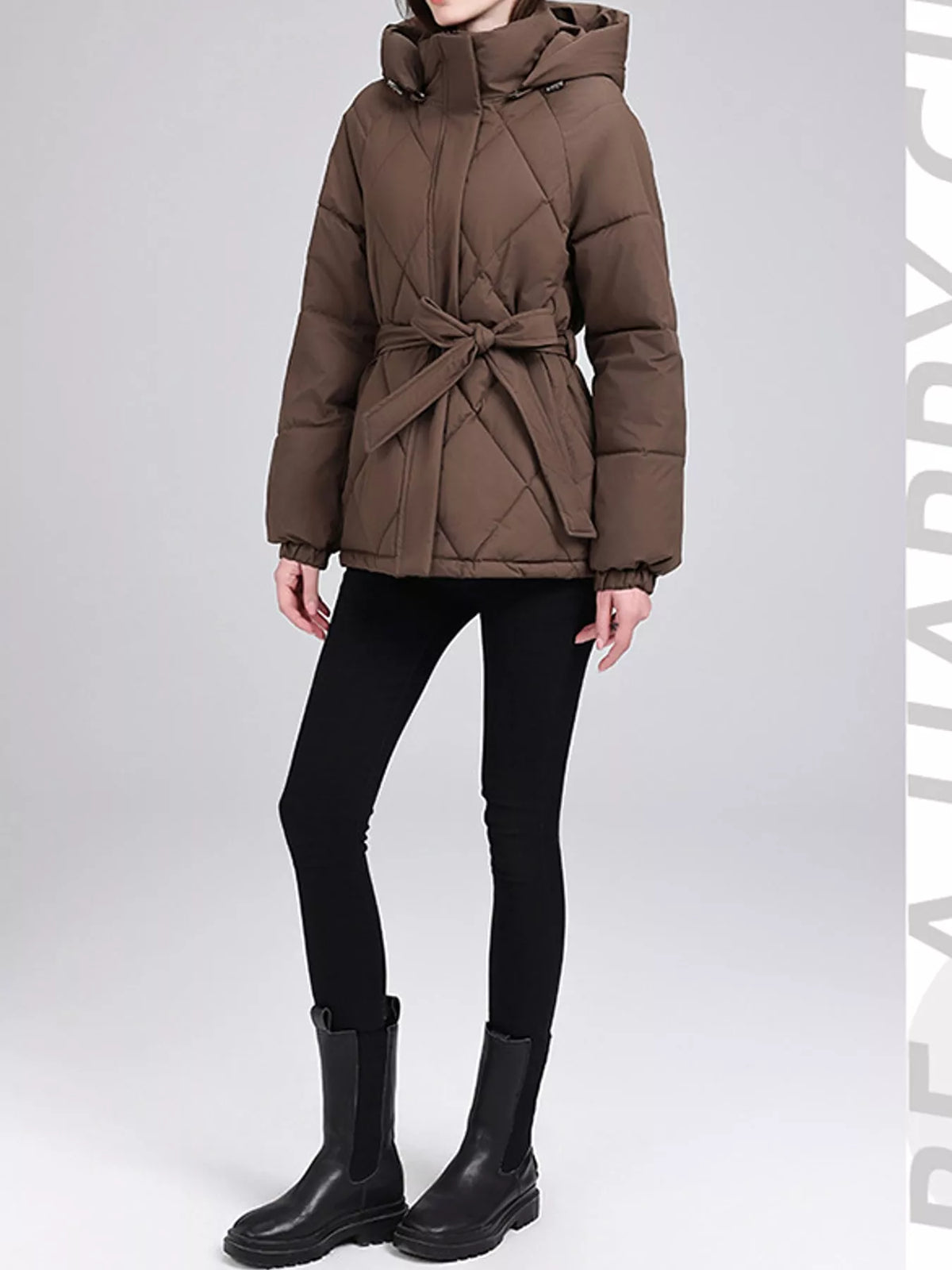 Quilted Waist Belt Hooded Puffer Outerwear