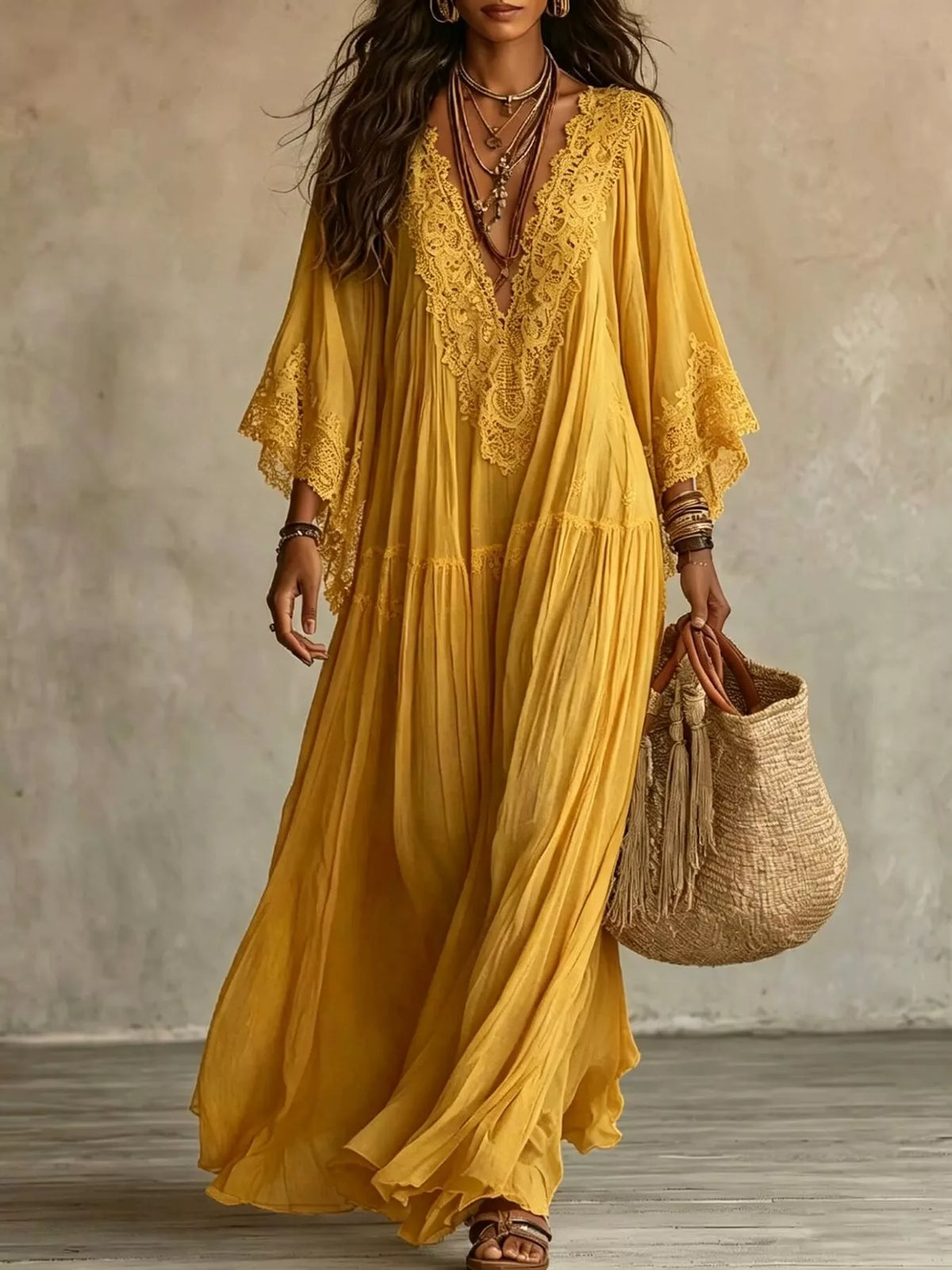 Lace Trim V-Neck Maxi Dress | Feminine Boutique Style