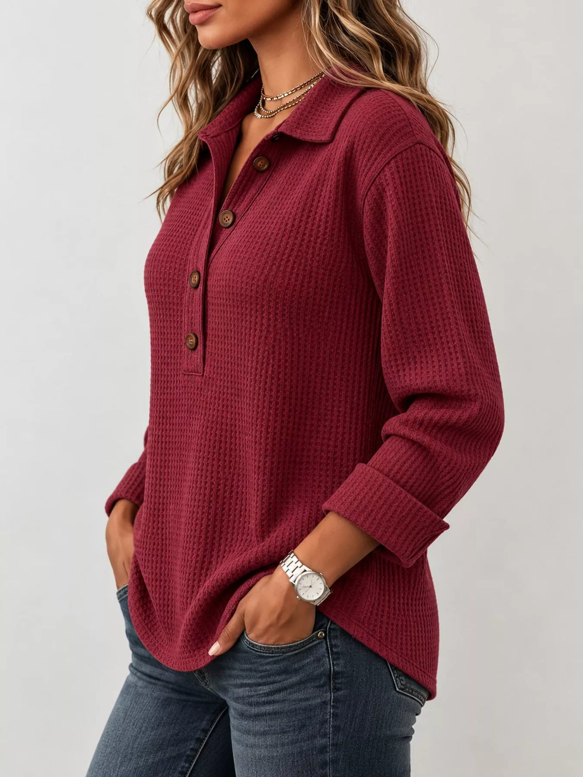 Full Size Waffle Knit Long Sleeve Polo Top Plus Size
