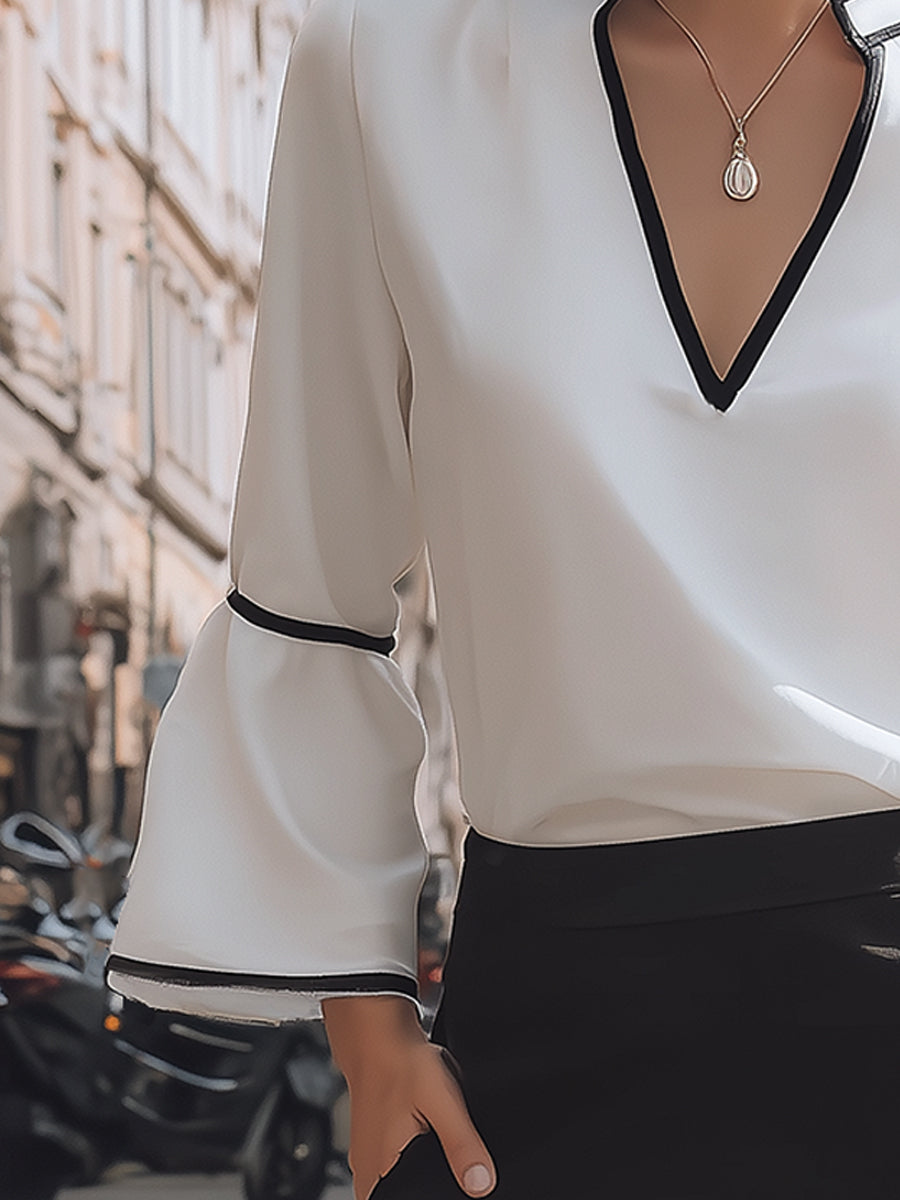 Contrast-Trim V-Neck Elegant Blouse
