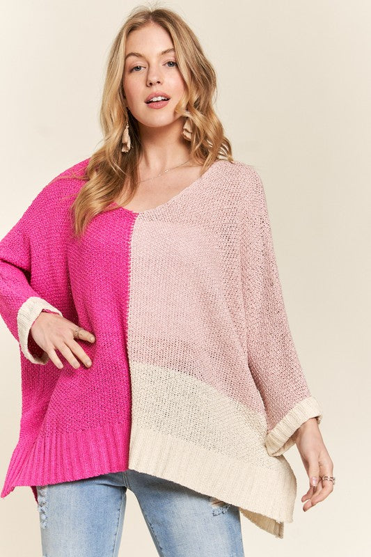 Adora Side Slit Color Block Long Sleeve Sweater
