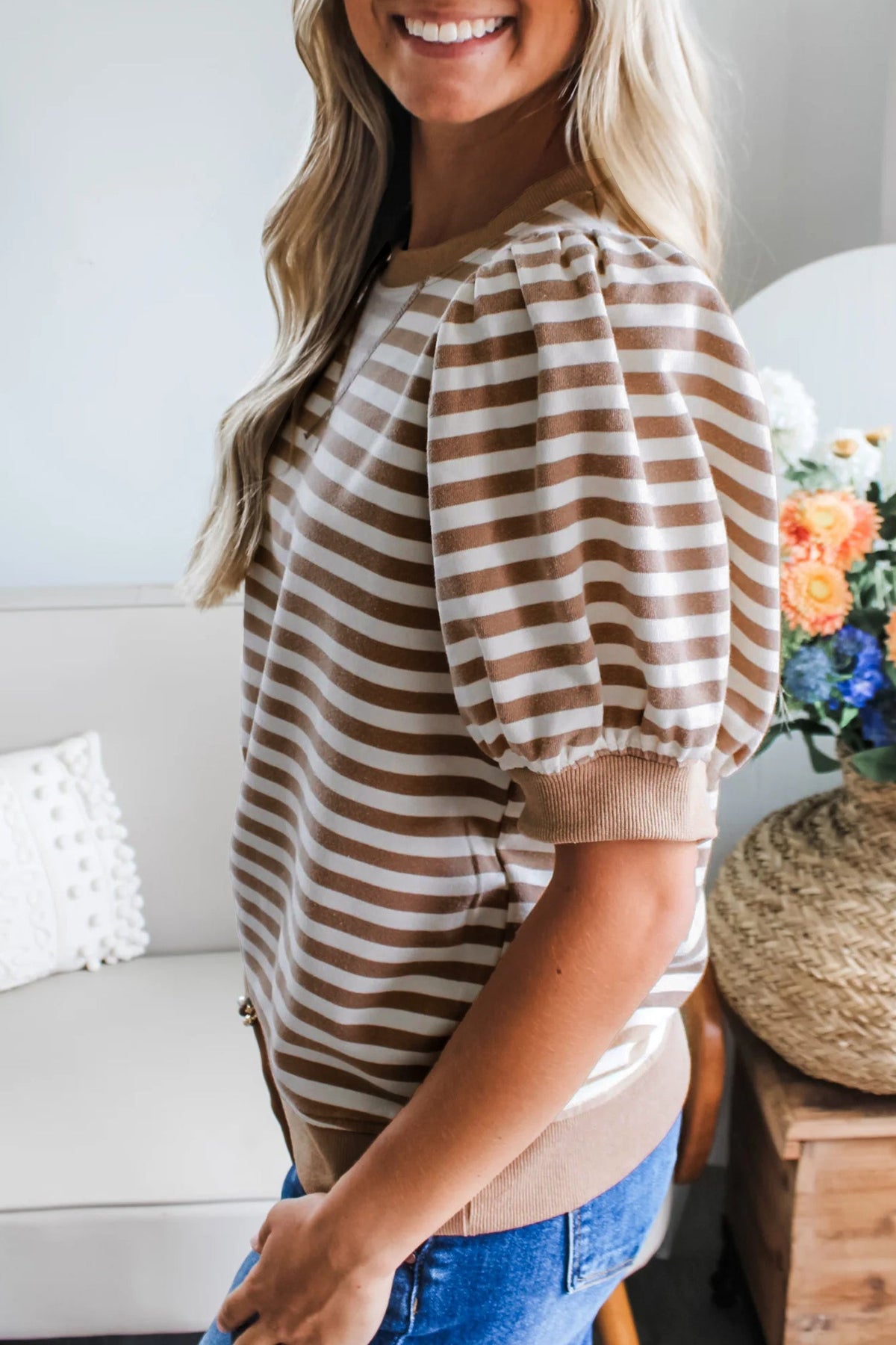 Orange Stripe Short Bubble Sleeve T Shirt