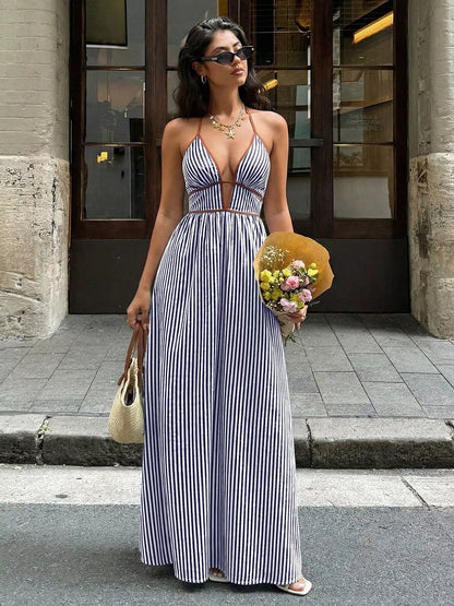 Striped Halter Neck Maxi Dress