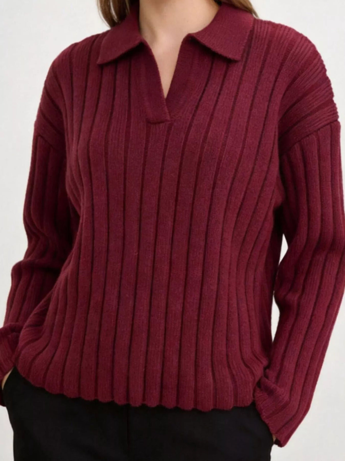 Ribbed Knit Polo Collar Sweater