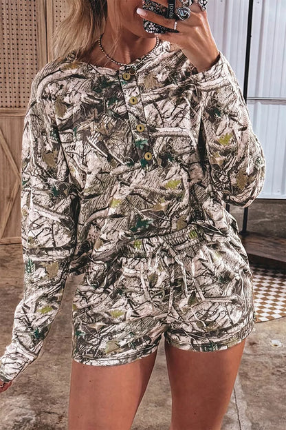 Camo Long Sleeve Top Elastic Waist Shorts Two Piece Set