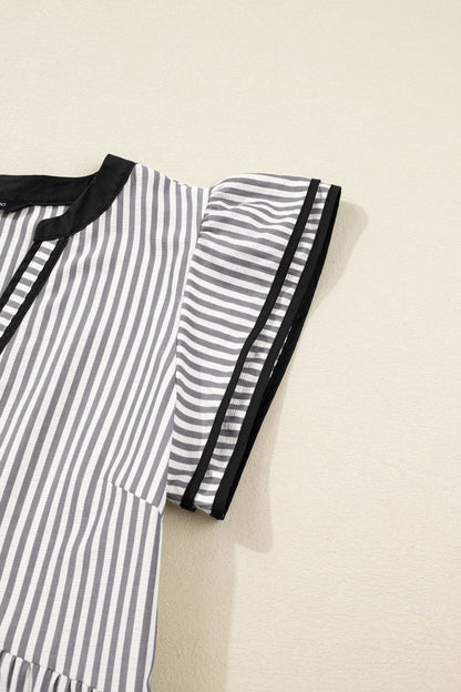 Black Stripe Contrast Trim V Neck Flutter Sleeve Casual Long Dress