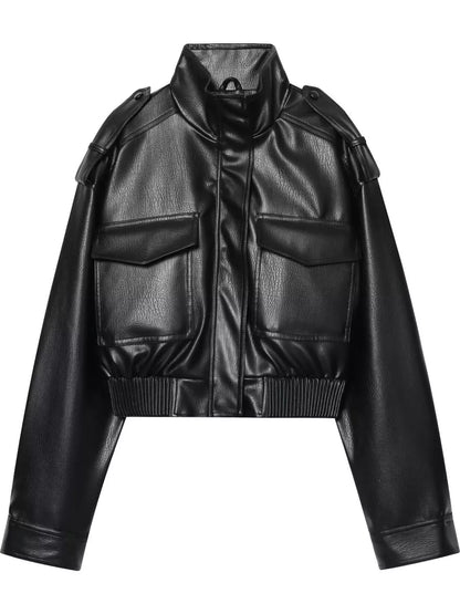 Faux Leather Cropped Bomber Jacket