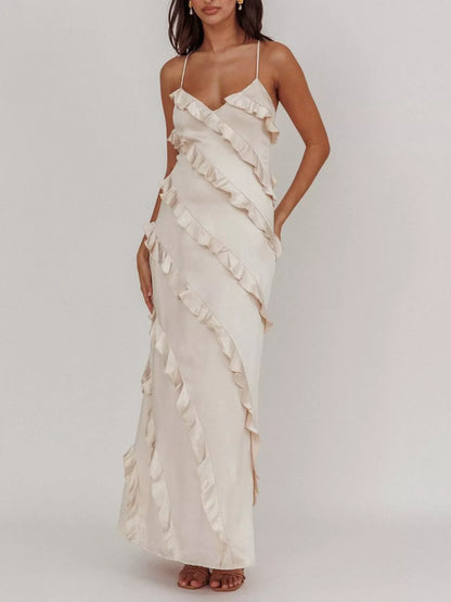 Spaghetti Strap Ruffled Maxi Dress for Women | Flowy Summer Dress with Zipper | Elegant Vacation & Evening Dress