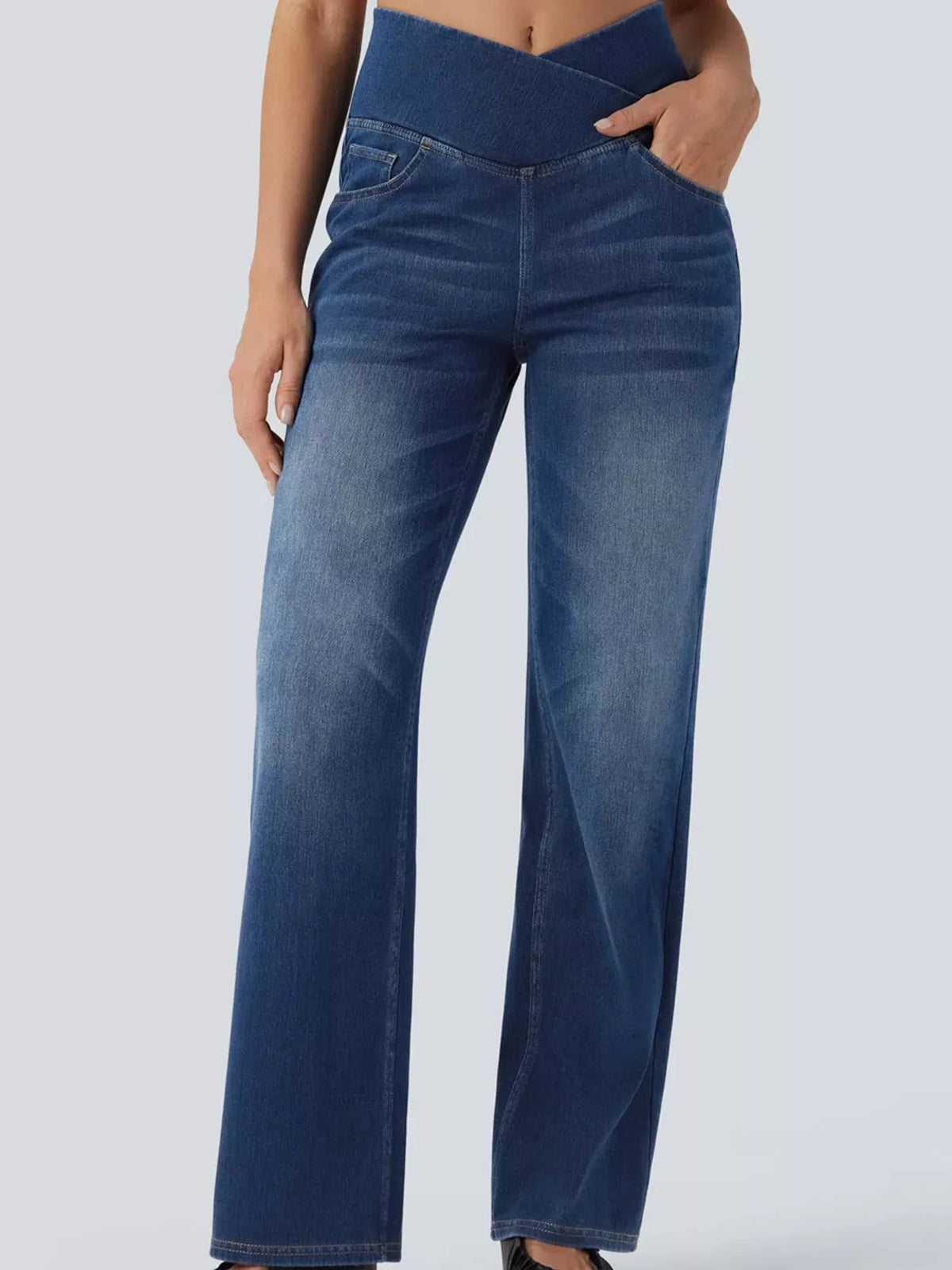 High Waisted Stretch Jeans with Crossover Waist | Straight Leg
