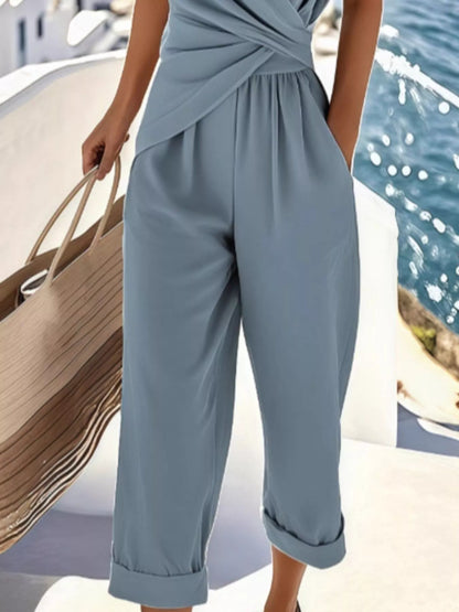 Full Size Twist-Front V-Neck Top and Pants Set Plus Size