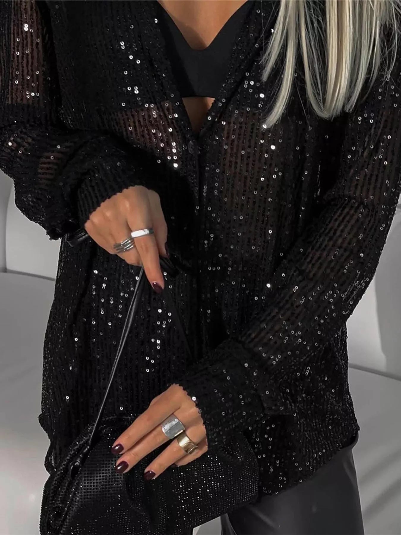 Full Size Sequin Button-Down Shirt Plus Size