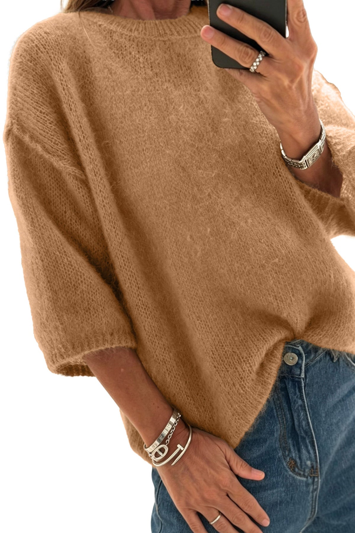 White Solid Color Knit Half Sleeve Round Neck Shift Sweater