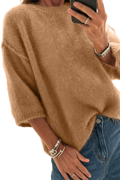 White Solid Color Knit Half Sleeve Round Neck Shift Sweater