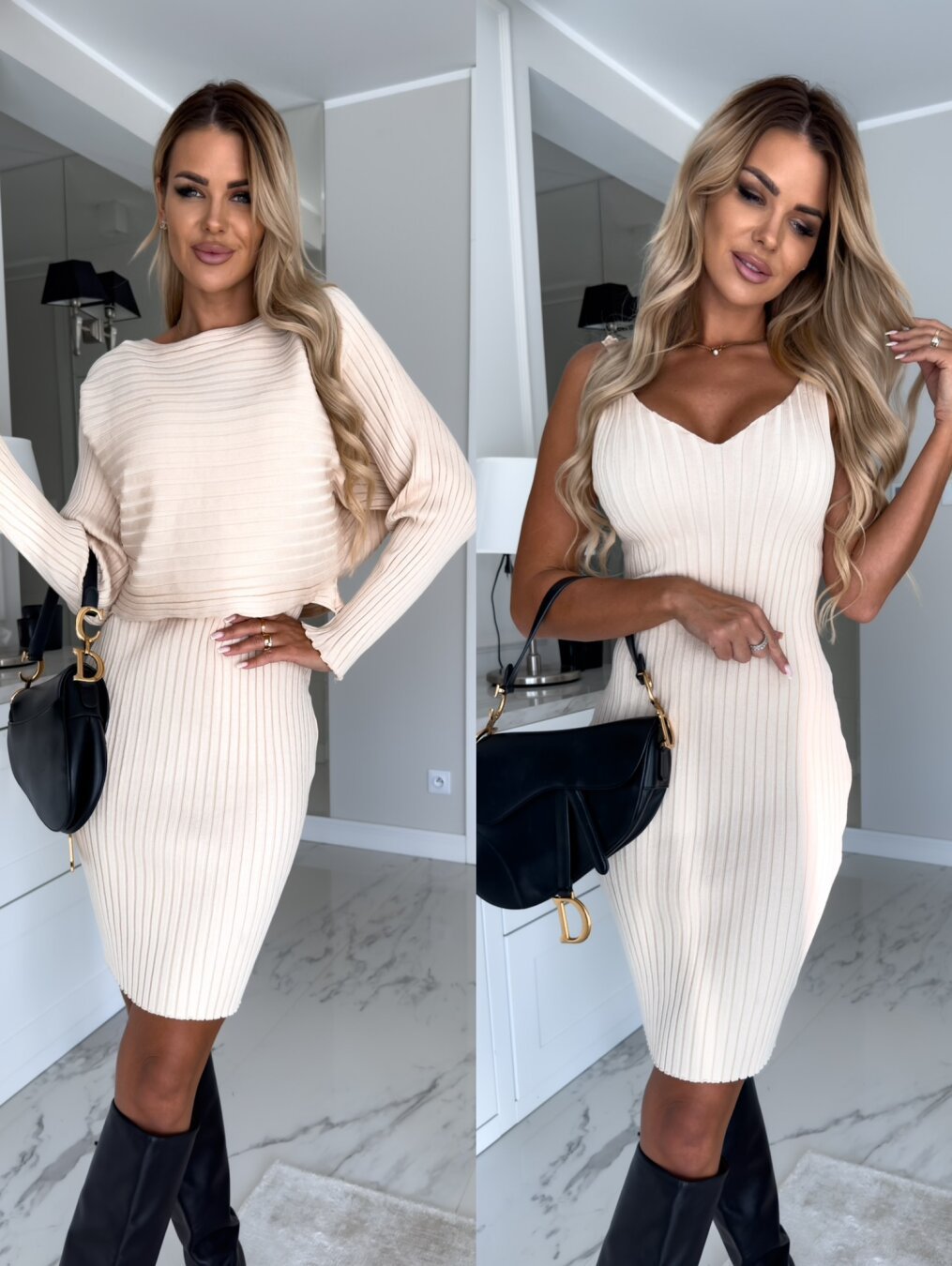 Long-sleeved Sweater Top And Tight Suspender Skirt