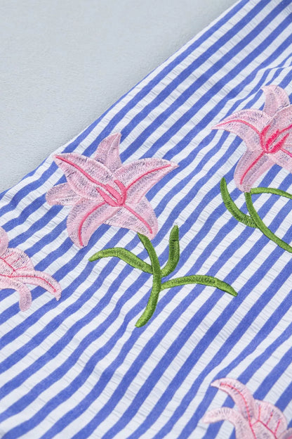Striped Floral Embroidered Puff Sleeve Button Down Shirt