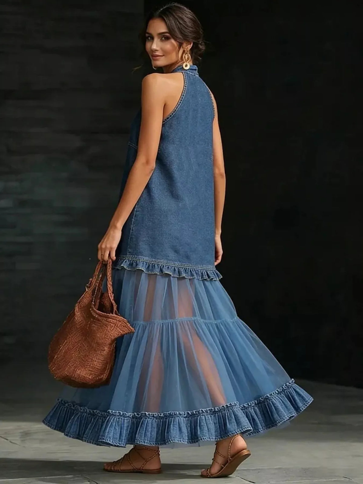 Full Size Ruffle Hem Sleeveless Sheer Tulle Denim Dress Plus Size