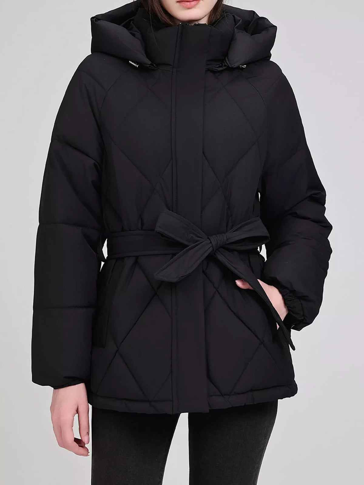 Quilted Waist Belt Hooded Puffer Outerwear