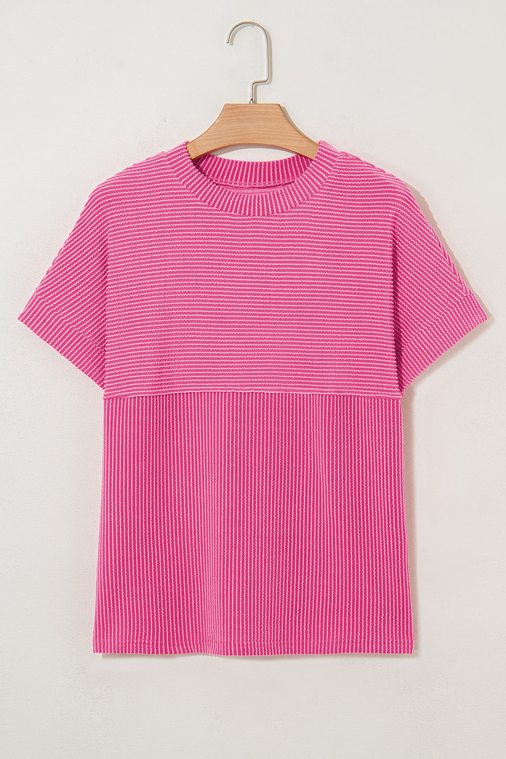 Bright Pink Plain Corded Knit Mock Neck T Shirt
