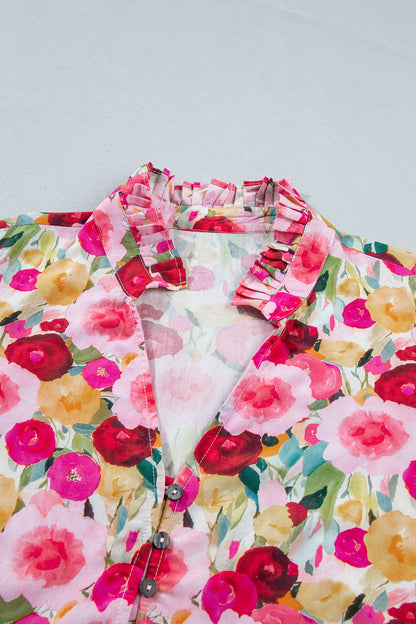 Pink Plus Size Flower Print Split V Neck Puff Short Sleeve Top
