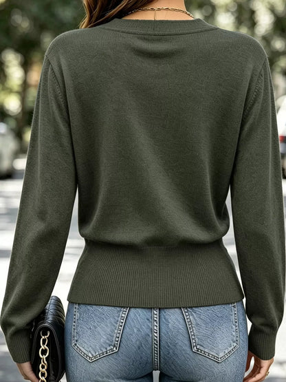 Surplice Elastic Waist Long Sleeve Knit Top