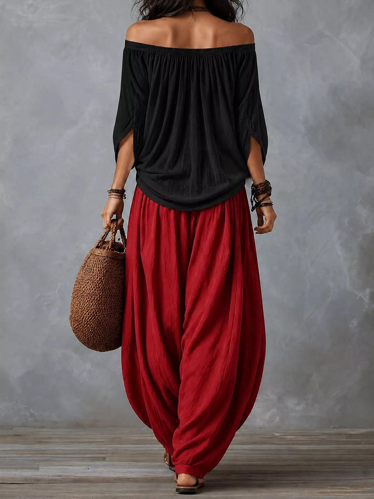 Full Size Off-Shoulder Top and Wide-Leg Harem Pants Set Plus Size