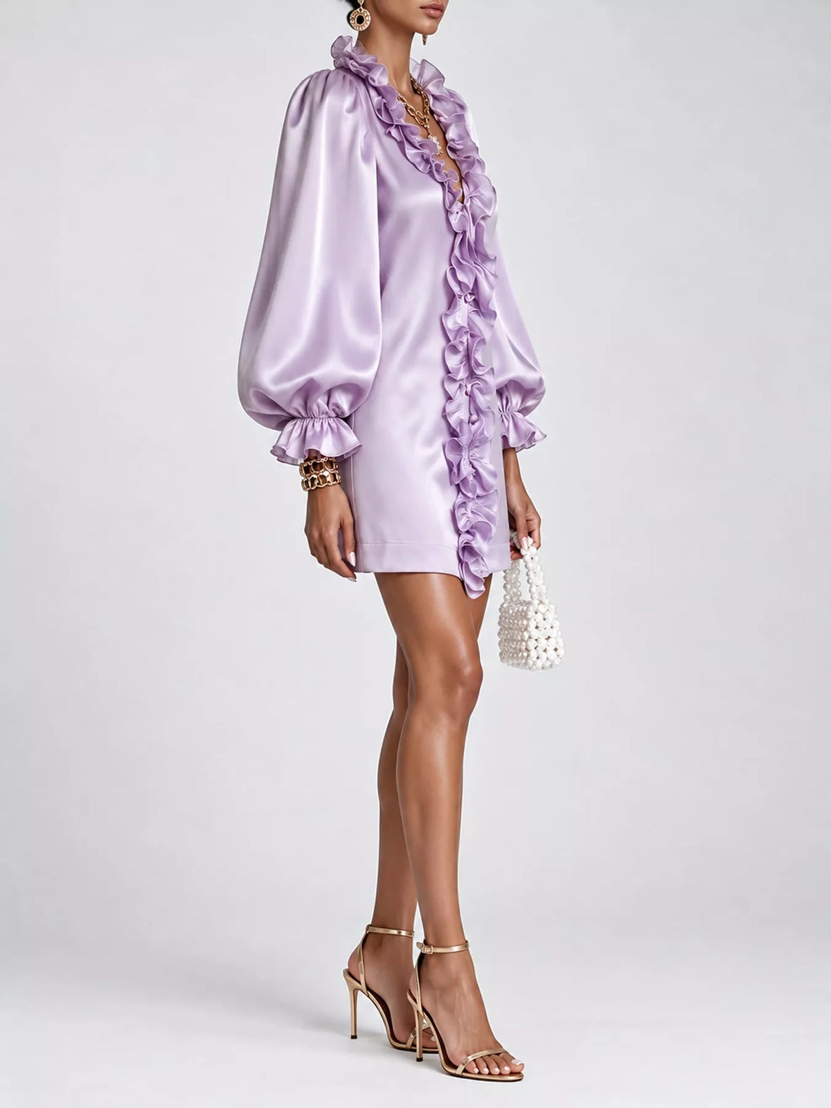 Ruffle Trim Puff Sleeve Mini Dress
