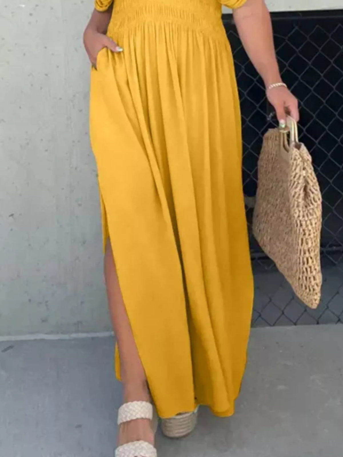 Full Size Slit V-Neck Smocked Waist Maxi Dress Plus Size