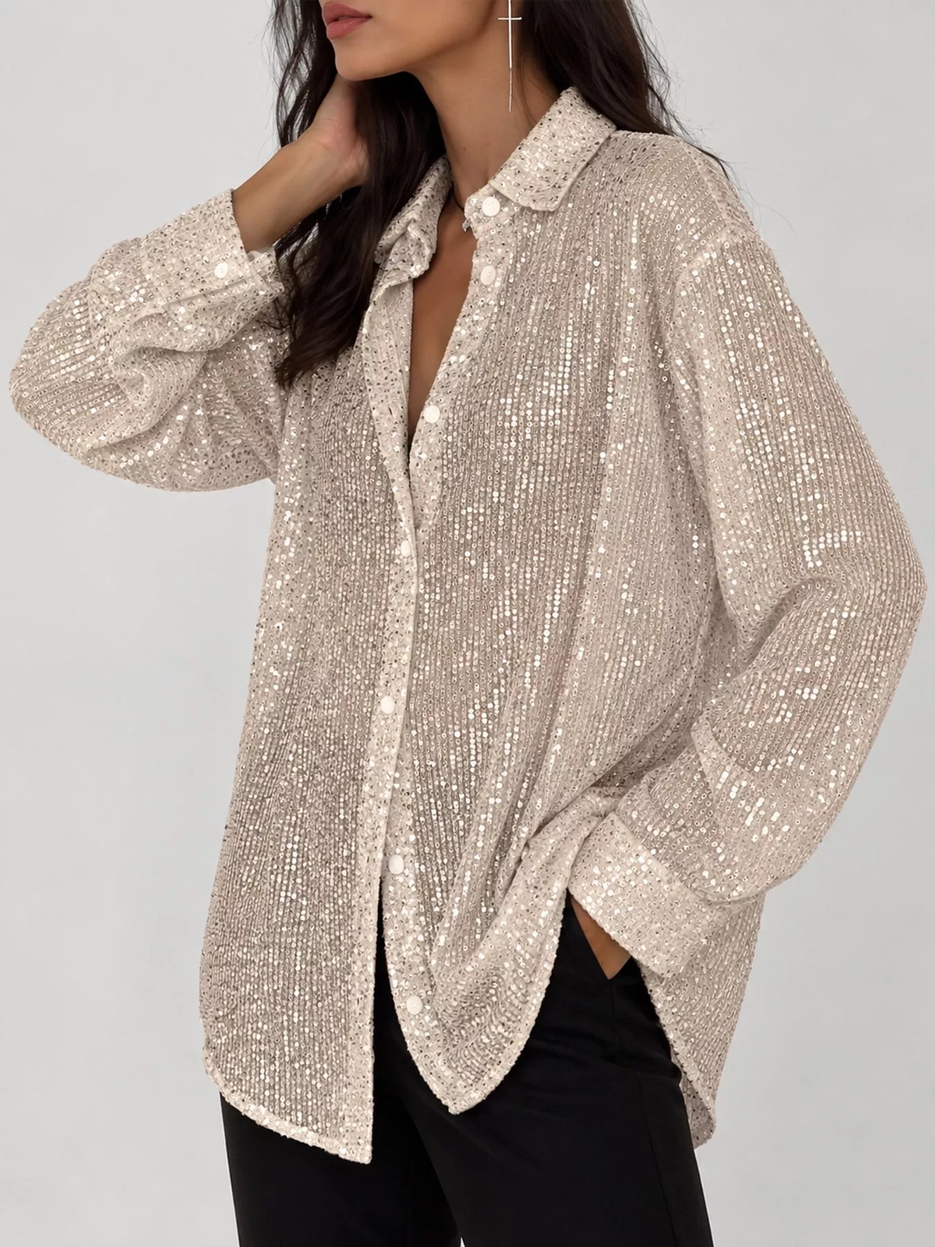 Full Size Sequin Button-Down Shirt Plus Size