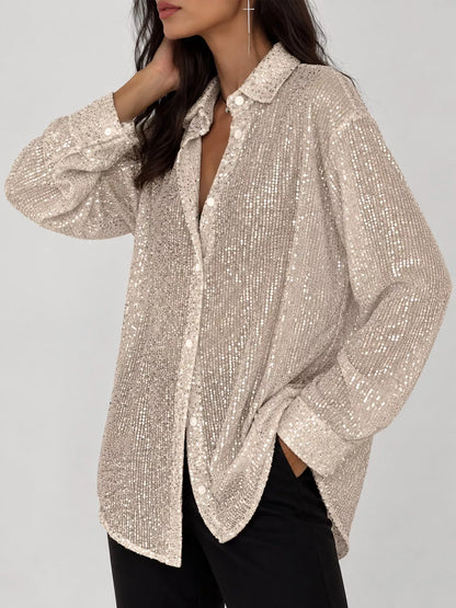 Full Size Sequin Button-Down Shirt Plus Size