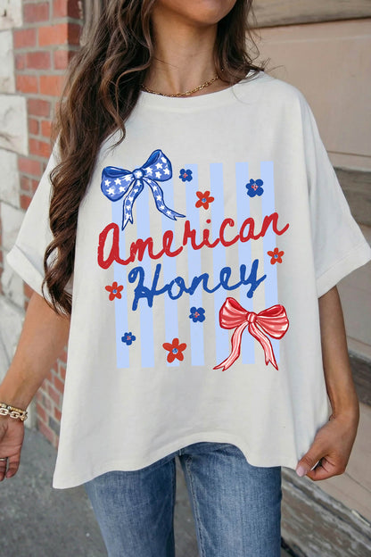 White American Honey Bow Flower Striped Graphic Tee