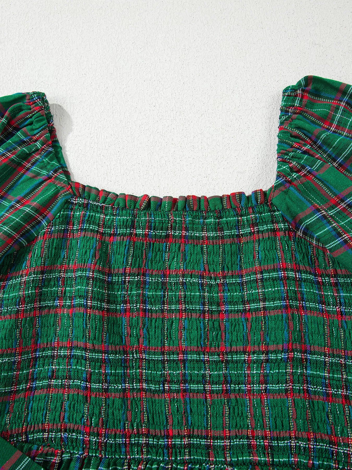 Plaid Square Neck Puff Sleeve Knot Waist Flared Midi Dress
