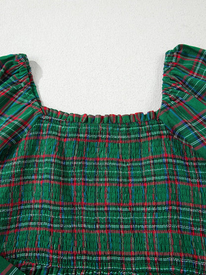 Plaid Square Neck Puff Sleeve Knot Waist Flared Midi Dress