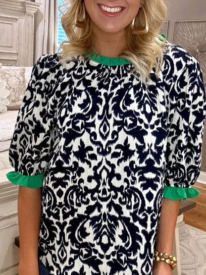 Damask Print Ruffled Color Block Detail Half Sleeve Blouse