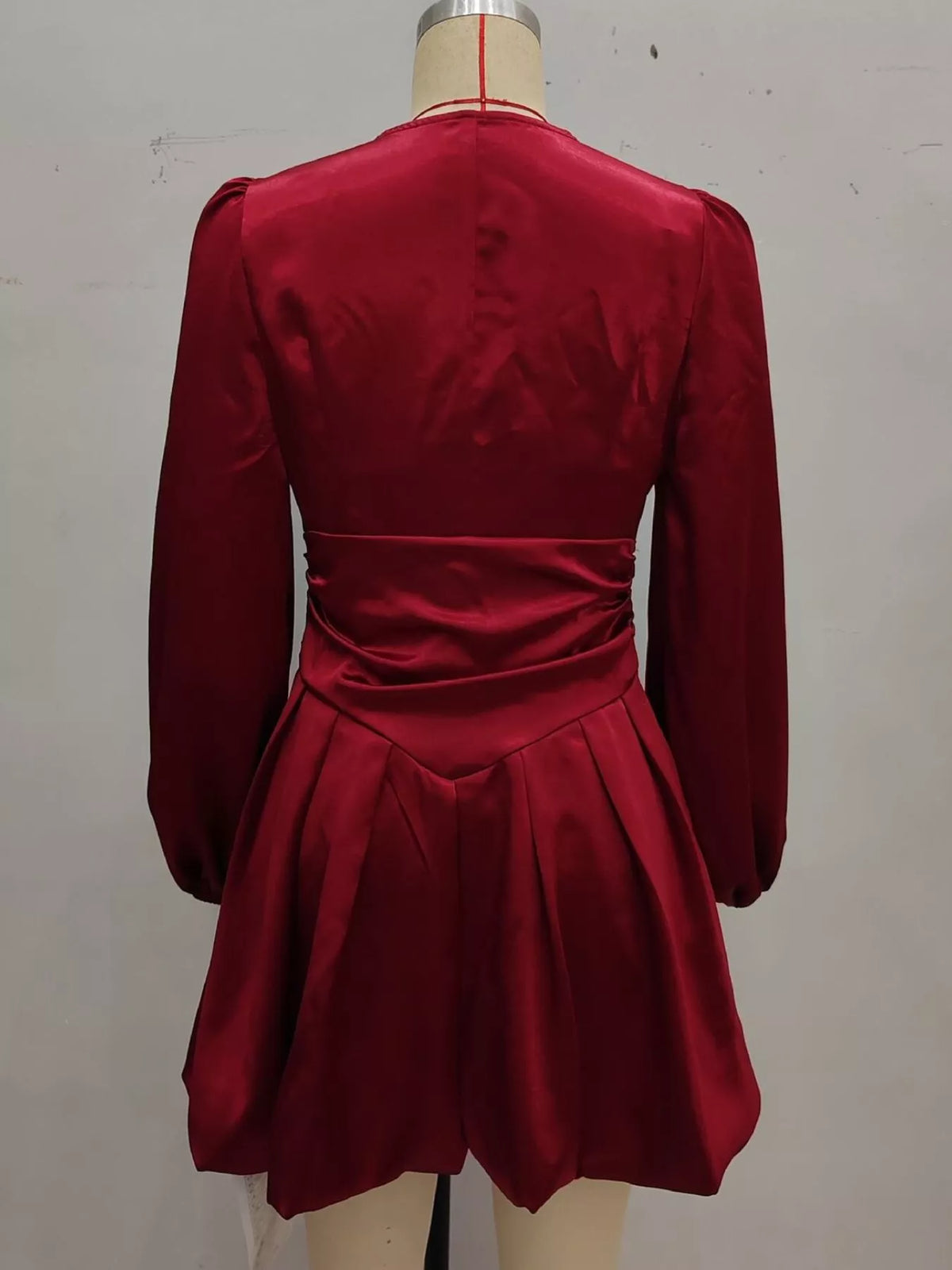 Ruched V-Neck Balloon Sleeve Dress