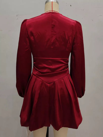 Ruched V-Neck Balloon Sleeve Dress