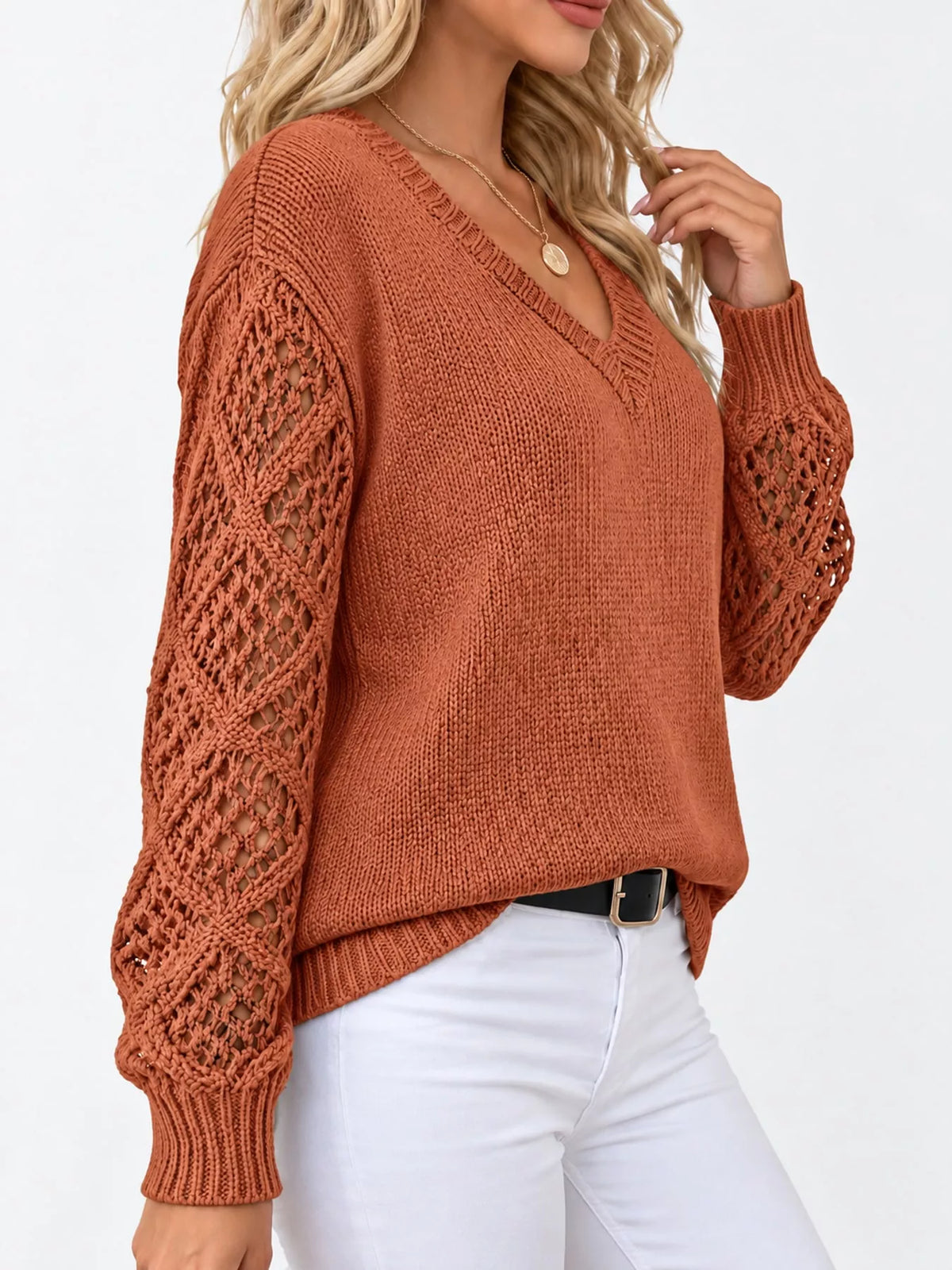 Full Size V-Neck Hollow-Out Long Sleeve Sweater Plus Size