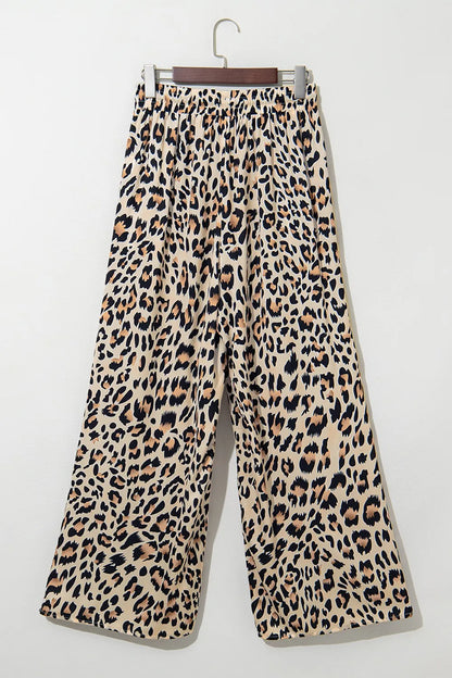 Parchment Leopard Drawstring Flowy Wide Leg Pants