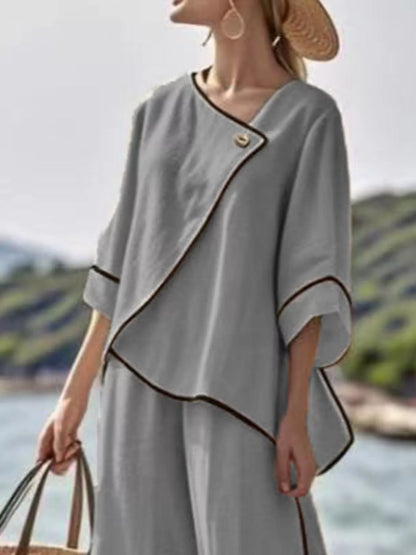Full Size Contrast Trim Top and Wide Leg Pants Set Plus Size