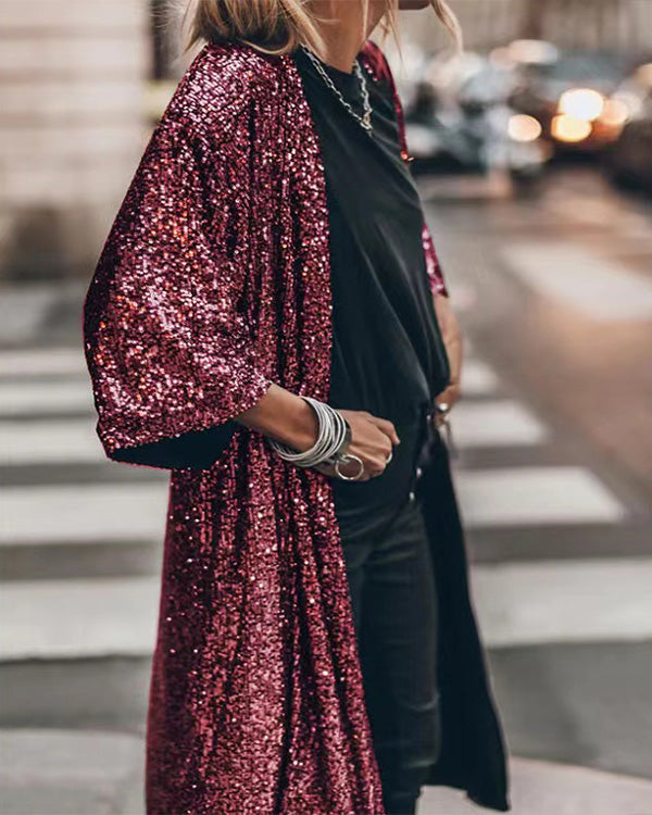 Clidress Sequin Placket Coat Long Cardigan