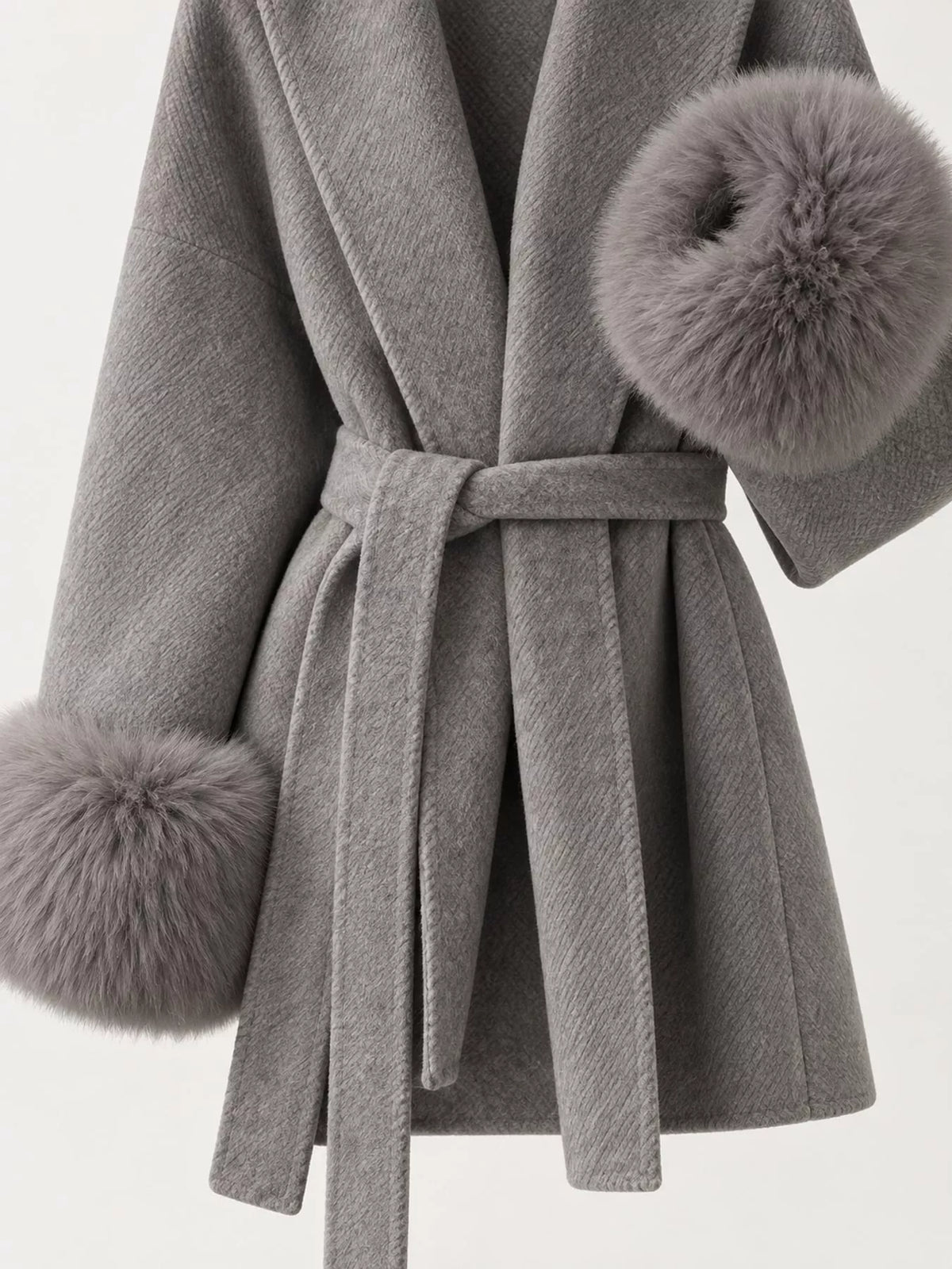 Waist Tie Outerwear with Faux Fur Cuffs