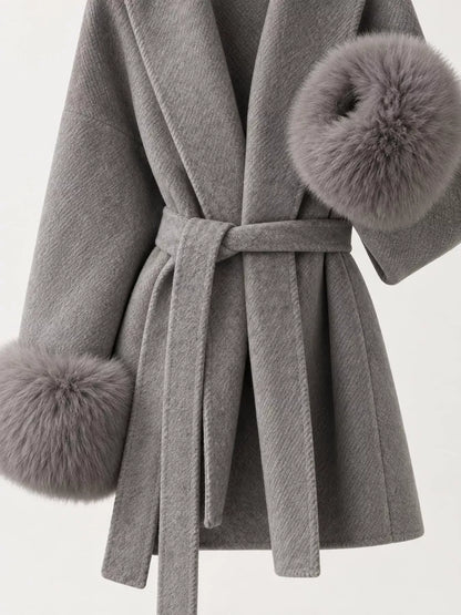 Waist Tie Outerwear with Faux Fur Cuffs