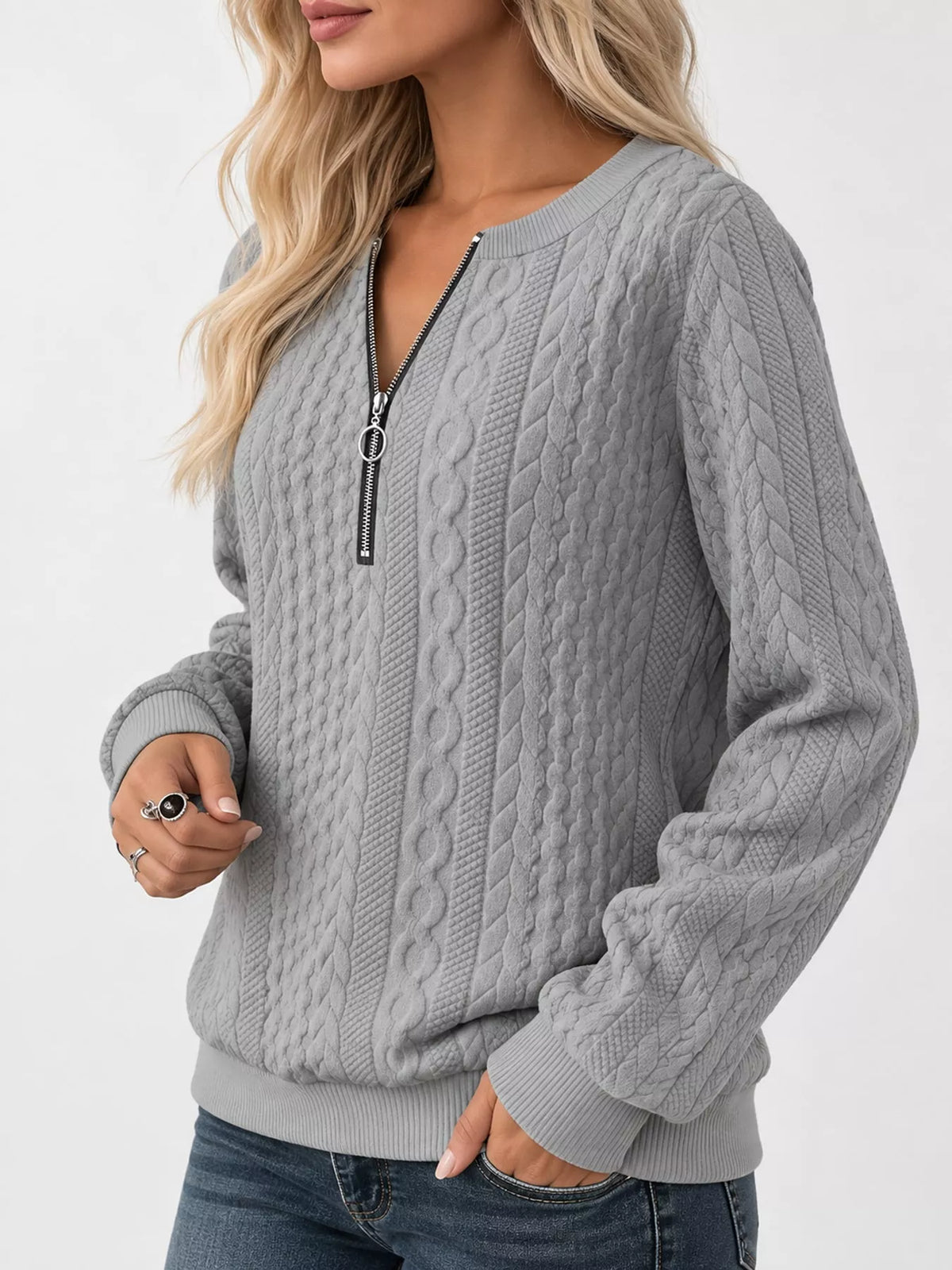 Full Size Quarter-Zip Cable Knit Sweatshirt Plus Size
