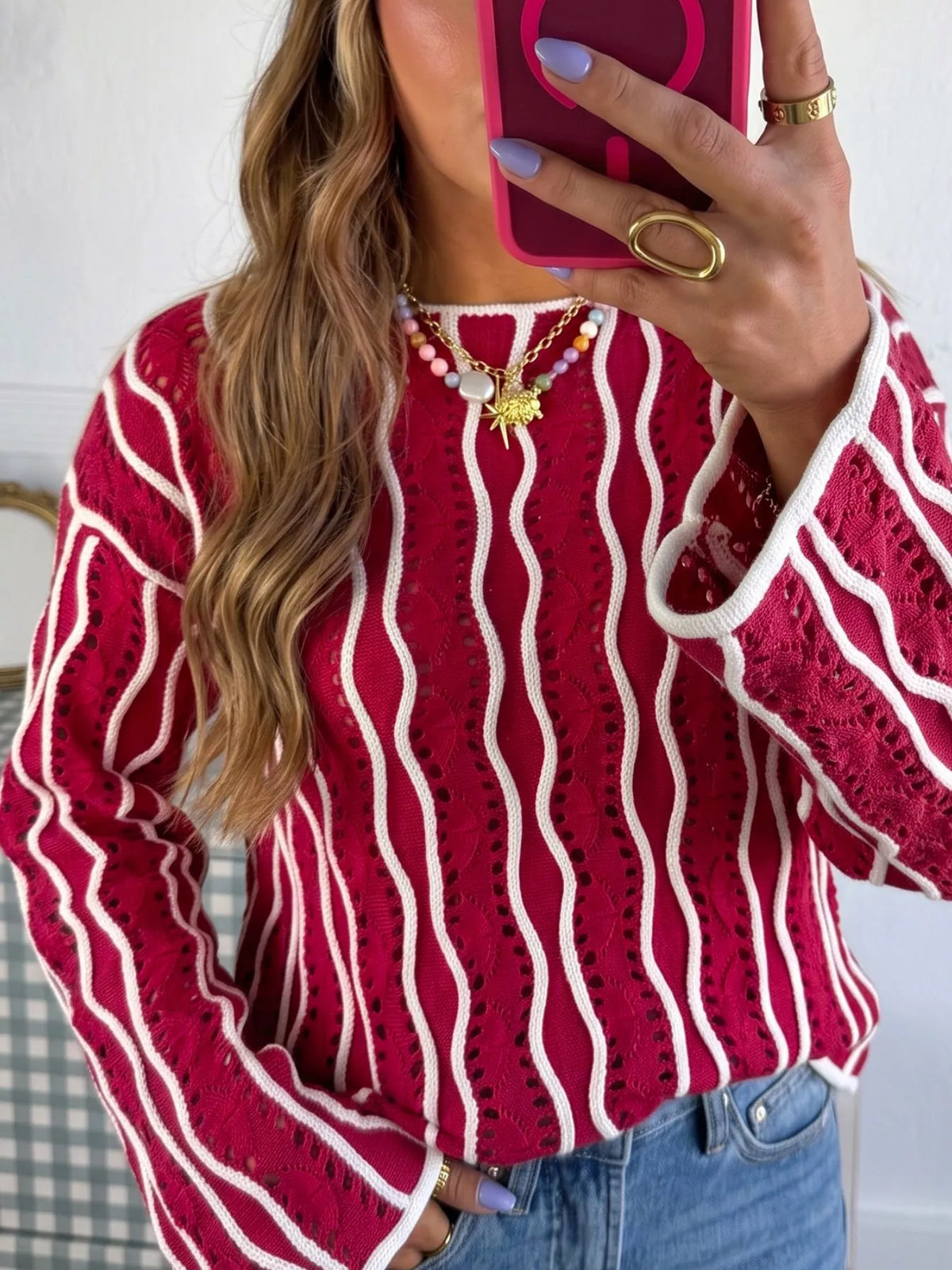 Wavy Detail Hollow Out Knit Long Sleeve Cotton Pullover Sweater