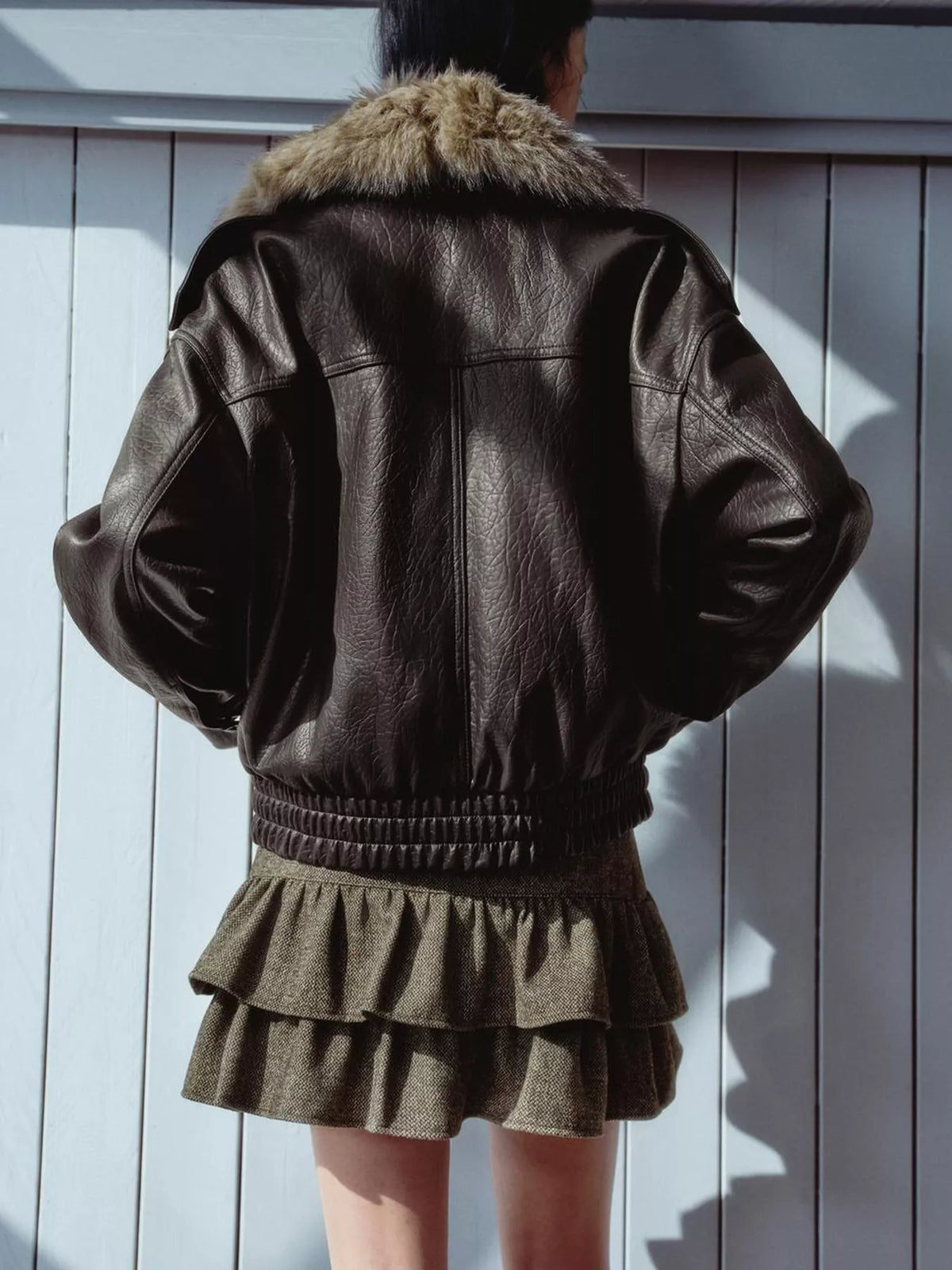 Faux Fur Collar Leather Bomber Jacket