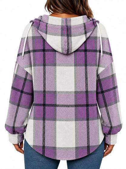Plaid Long Sleeve Hoodie with Drawstring