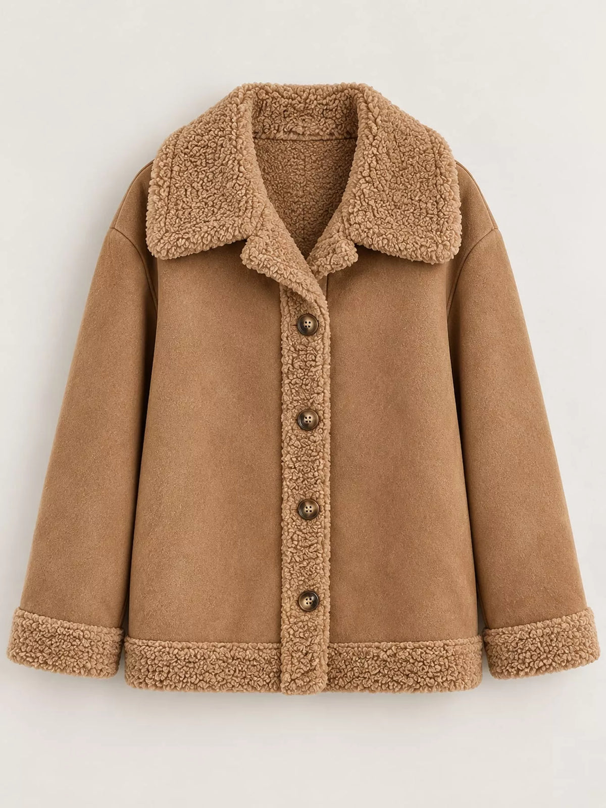 Full Size Cozy Faux Suede Sherpa-Lined Button-Down Jacket Plus Size